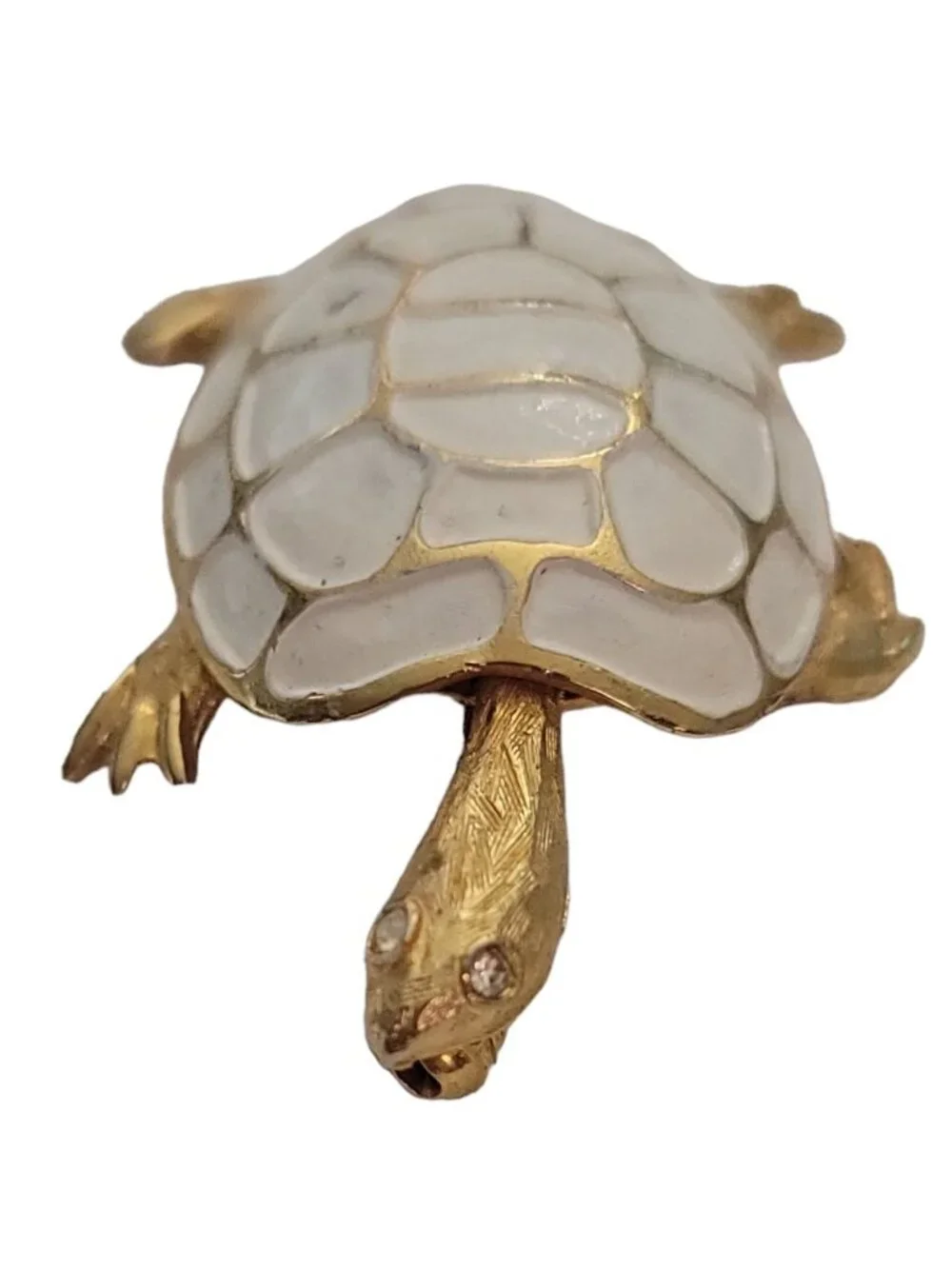 Vintage Gold Tone White Enamel Clear Rhinestone Turtle Brooch Pin E896